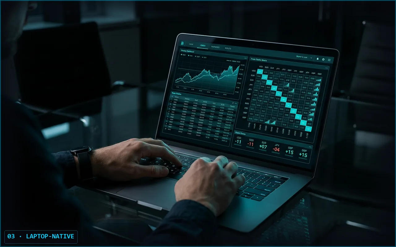 Retail trader at minimalist laptop desk with cyan-accented FX dashboard, premium home-office trading setup — visual mood for G10Grid's audience